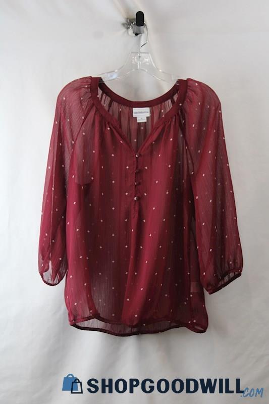 Liz Claiborne Women's Burgundy/Gray 1/2 Button Sheer Long Sleeve Blouse sz M