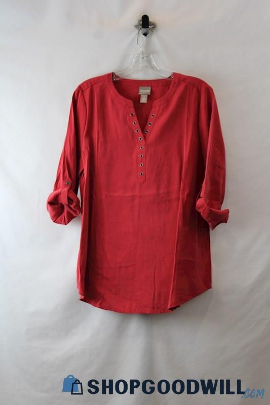 Chico's Women's Red Eyelet Neck Detail Roll Sleeve Blouse SZ M/8