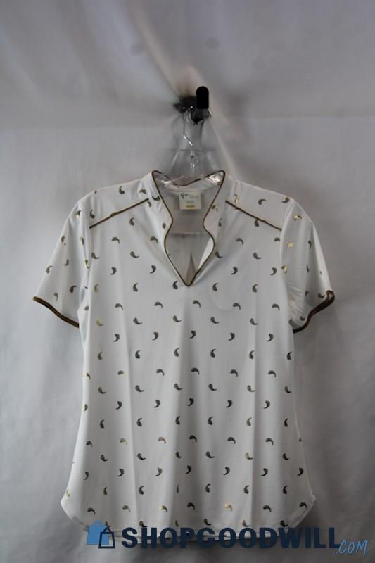 NWT Greg Norman Women's White/Gold Foil Patterned V Neck Shirt SZ S