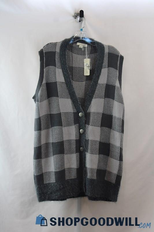 NWT Simply Noelle Women's Gray Checkered Knit Button Up Cardigan SZ 12/14