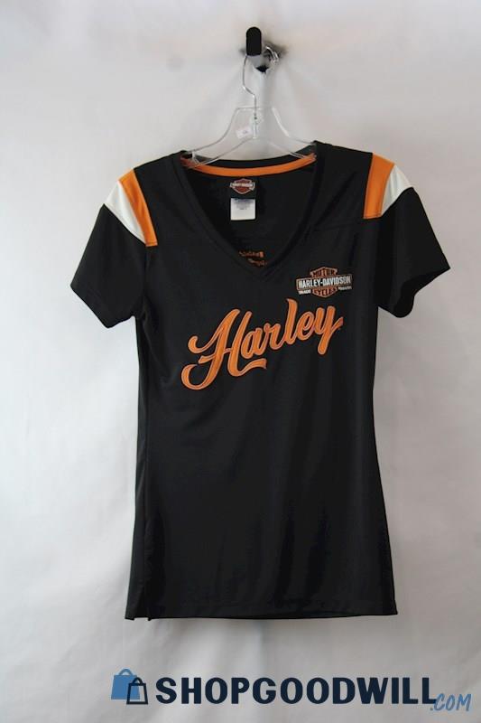 Harley-Davidson Women's Black/Orange Logo Graphic Slim V Neck T-Shirt sz S