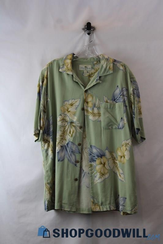 Island Shores Men's Sage Green/Blue Floral Silk Button Up Shirt SZ L