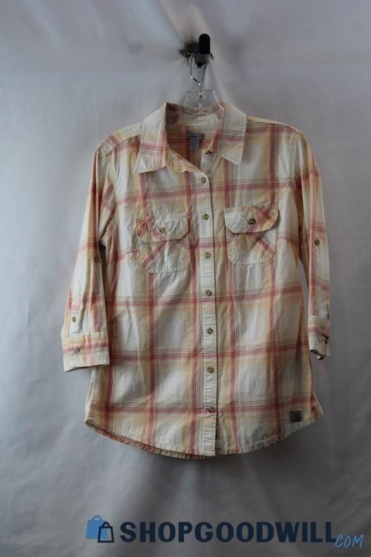 Carhartt Women's Orange/Pink Grid Pattern 3/4 Sleeve Poplin Shirt SZ S