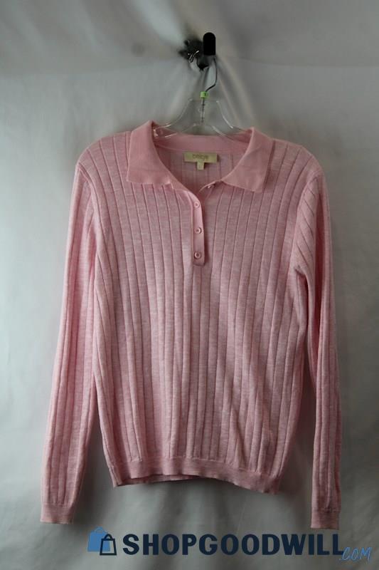 Beige Women's Light Pink Ribbed Knit 1/4 Button Long Sleeve Henley Top sz L