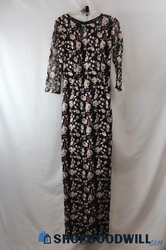 Little Mistress Women's Black Floral Embroidered Long Sleeve Maxi Dress sz 4T