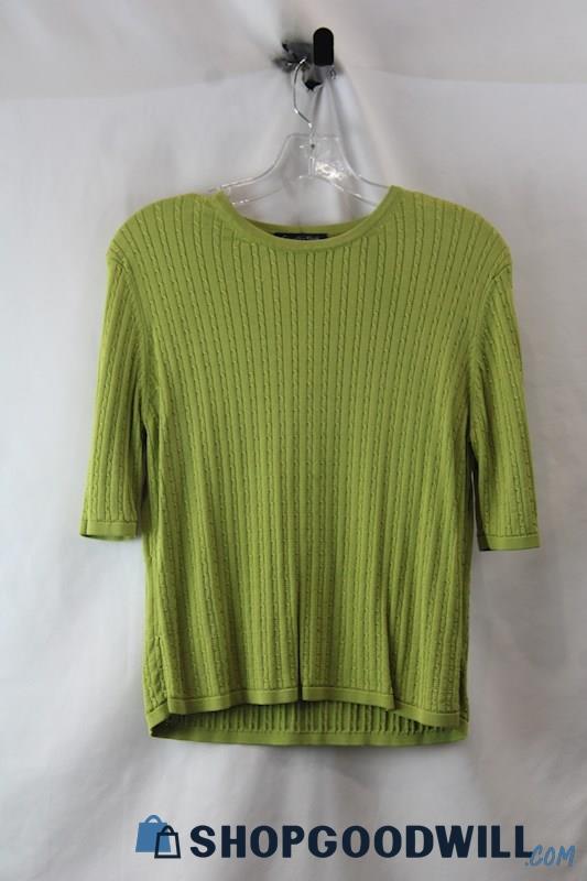 Country shop Women's Pea Green Striped Knit 1/2 Sleeve Slim Fit Tee sz M