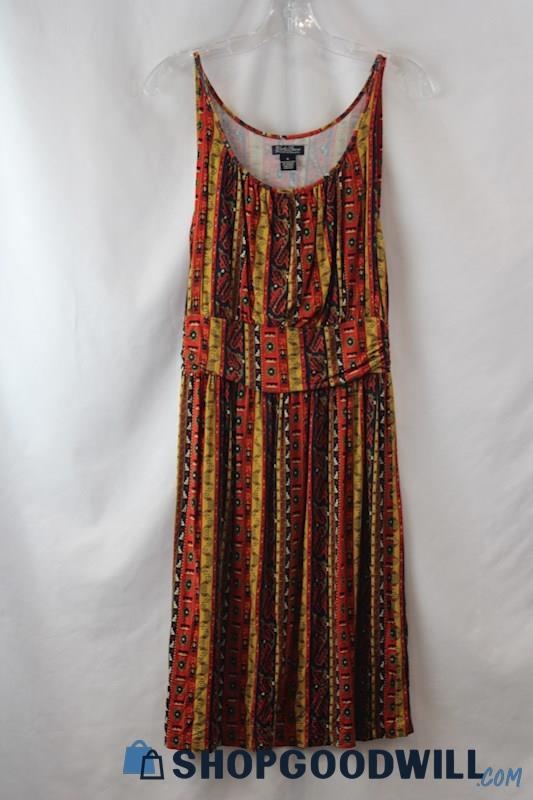 Lucky Brand Women's Red/Yellow Geo Pattern Scoop Neck Rouched Waist Dress sz M