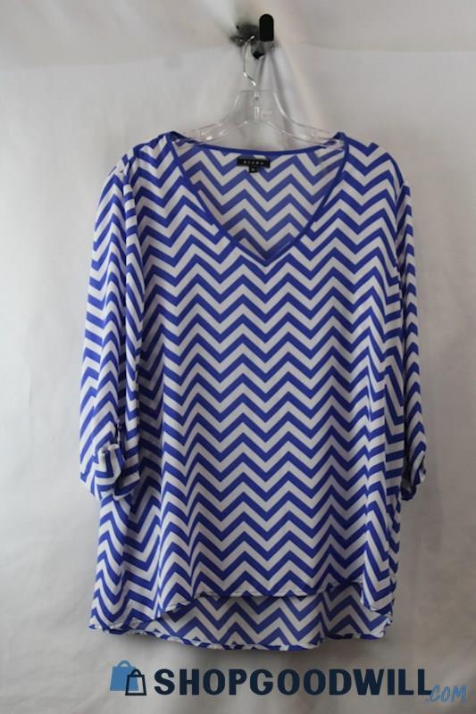 NWT Kiara Women's White/Blue Chevron V Neck Long Sleeve Top sz XL