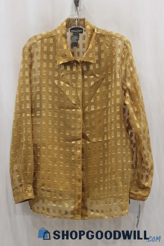 NWT Notation Women's Gold Sheer Pattern Button Up Shirt/Tank Top 2PC Set SZ L