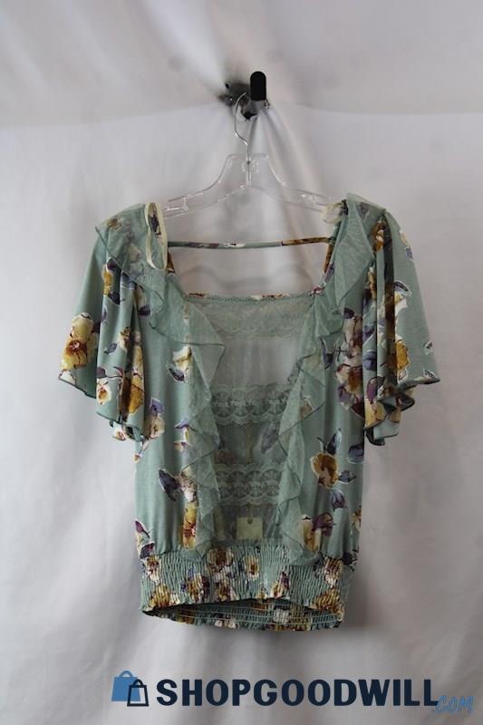 NWT Gimmicks Women's Dusty Blue/Brown Floral Mesh Plunge Lace Trim Tee sz S