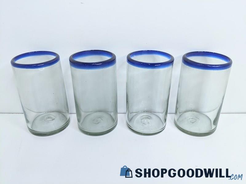 Set of 4 Mexican Hand Blown Clear Glass W/ Cobalt Blue Rim Tumblers