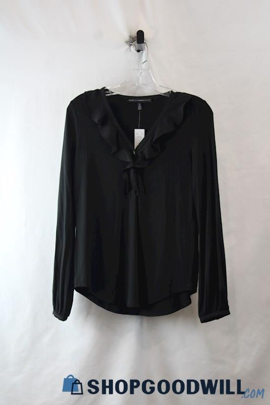 NWT WHBM Women's Black Soft Knit Ruffle Neck Long Sleeve Shirt SZ XS