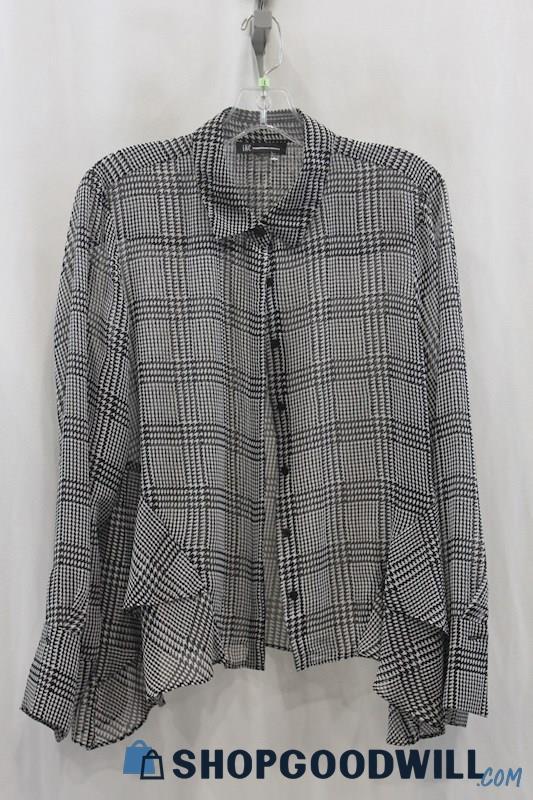 INC Womens Black/White Hounds Tooth Pattern Button Down Blouse Sz L