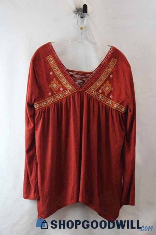 NWT Maurices Women's Red Embroidered Back Lace Long Sleeve Shirt SZ XL