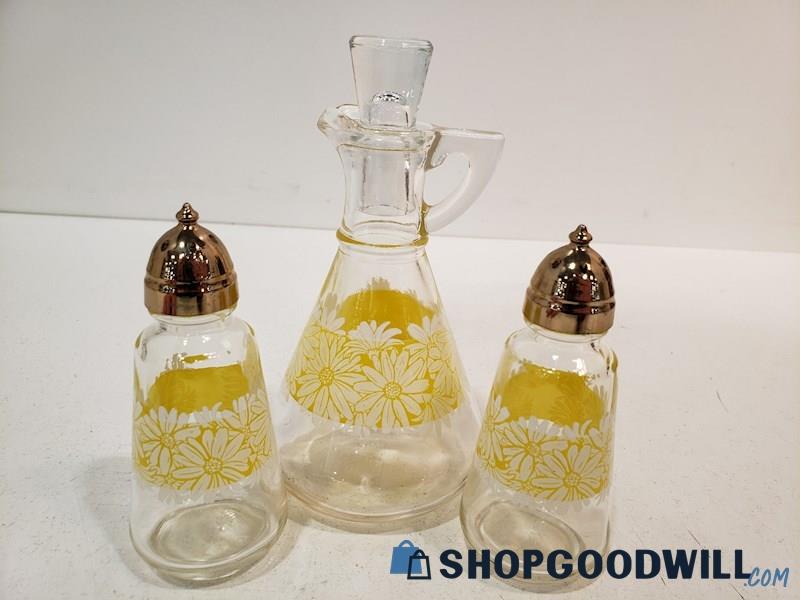 3pc Vintage Anchor Hocking Oil Vinegar Cruets Salt Pepper Shakers Yellow Flowers