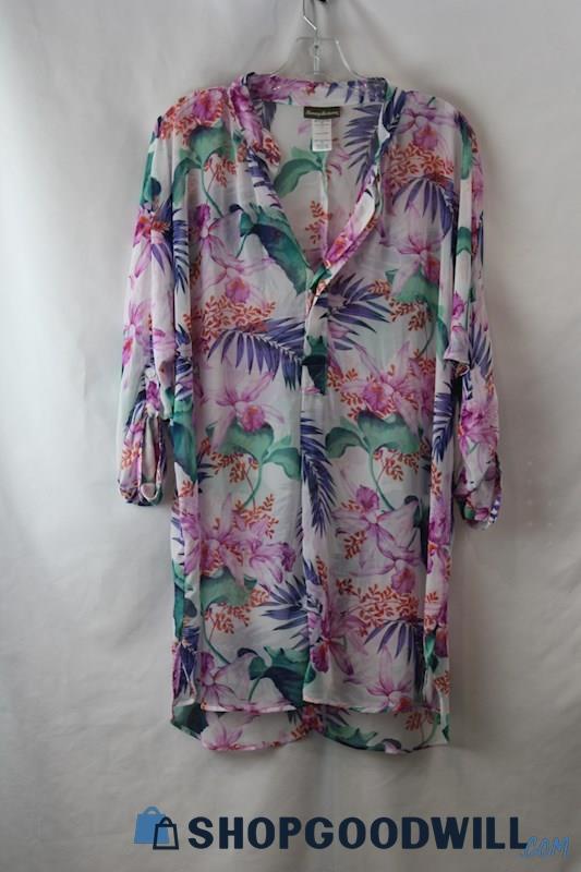 Tommy Bahama Women's White/Purple Floral Collared V Neck Sheer Long Top sz S