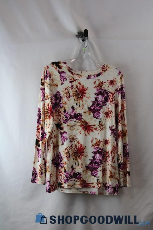 Chico's Women's Ivory/Purple Floral Long Sleeve T-Shirt sz L