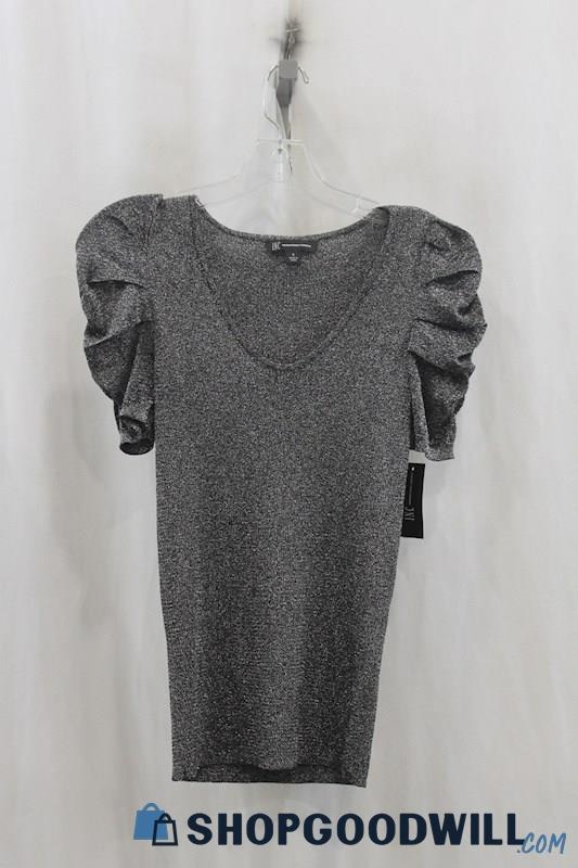 NWT INC Womens Dark Gray Shimmer Puff Shoulder Shirt Sz S