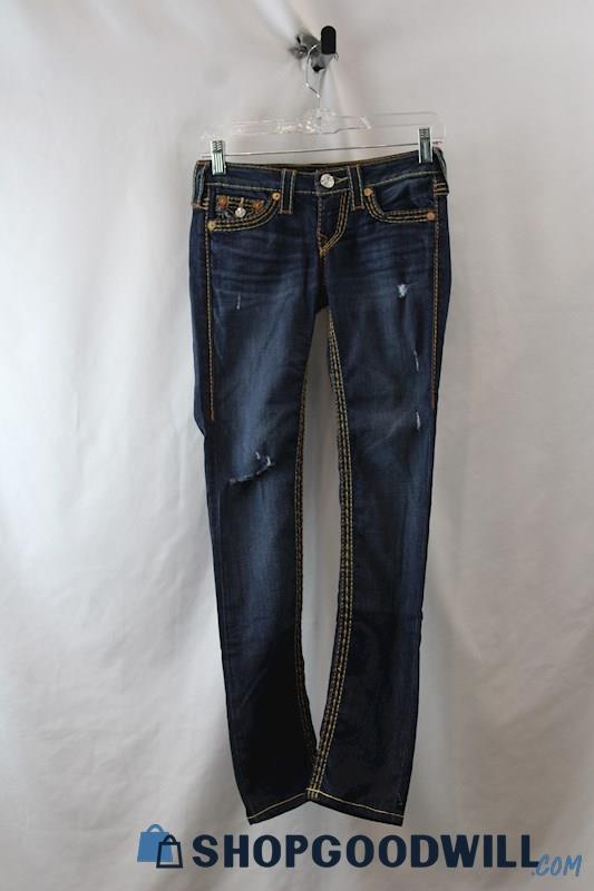 True Religion Women's Dark Blue/Brown Stitching Skinny Ankle Jean SZ 24