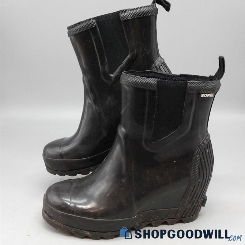 Sorel Women's Black Rubber Wedge Ankle Rain Boots SZ 8