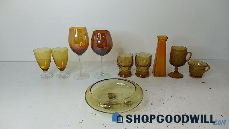 10pc Mixed Amber Colored Glass Cups Vase Candy Dish Bowl