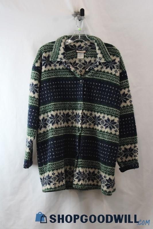 Cenza Women's Blue/Green Knit Patterned Long Sleeve Button Up Sweater SZ L