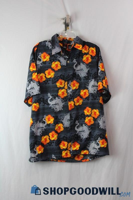 Emergency Exit Men's Blue Floral Hibiscus Dragon Button Up Shirt SZ XL