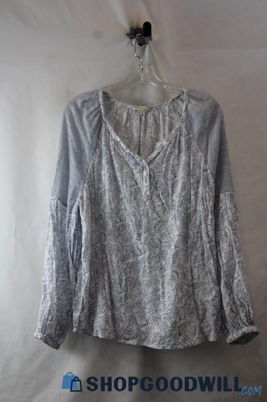 Lucky Brand Women's Steel Gray/White Floral V Neck Long Sleeve Tee sz L