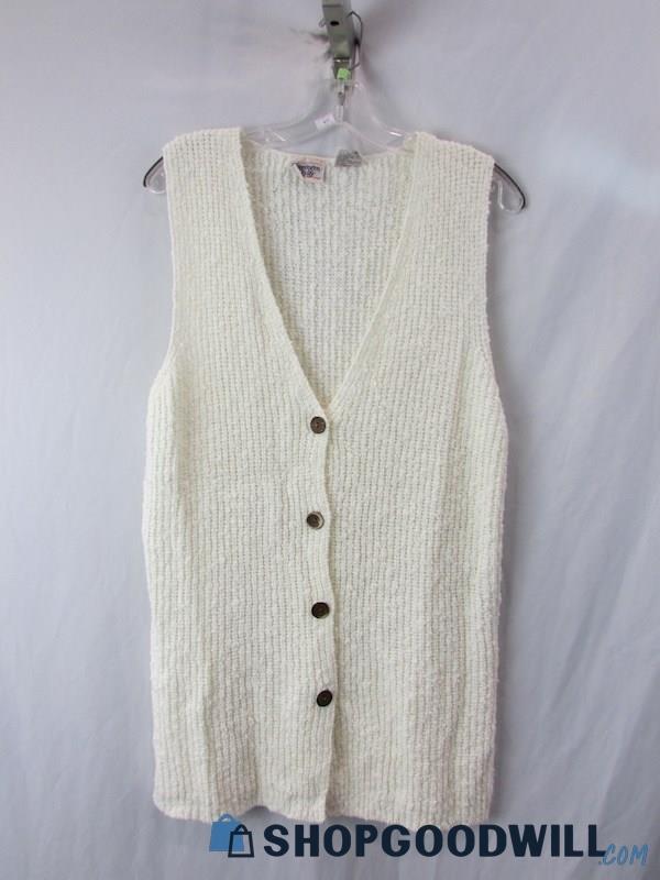 Huntington Ridge Women's Vtg White Knit Oversized Button-up Sweater Vest SZ S