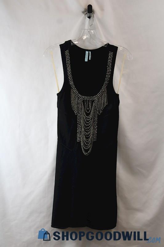 Guess Women's Black/Silver Beaded Drape Front Detail Scoop Neck Dress SZ XS