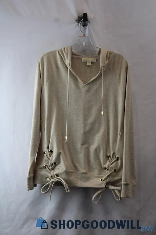 Michael Kors Women's Beige Heather V Neck Lace Side Lightweight Hoodie SZ S