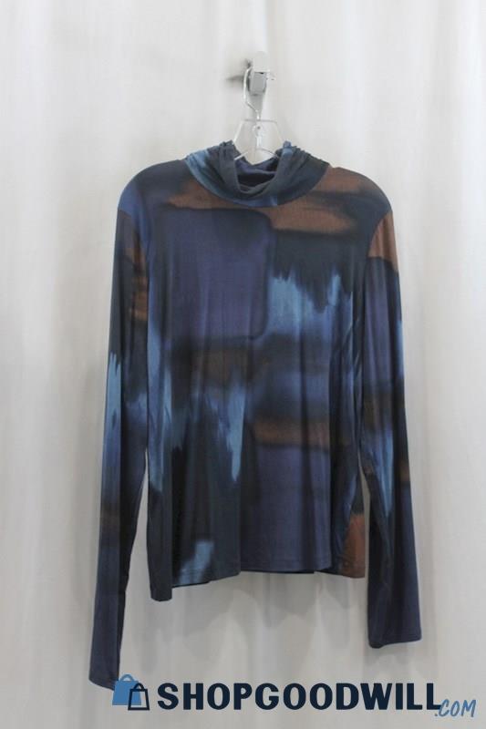 NWT Michael Stars Womens Blue/Brown Abstract Cowl Neck LS Shirt Sz XL