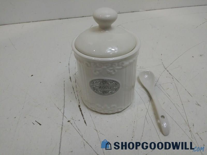 THL Sugar Canister Ribbed Lidded with Spoon Silver Emblem Ceramic Kitchen Decor