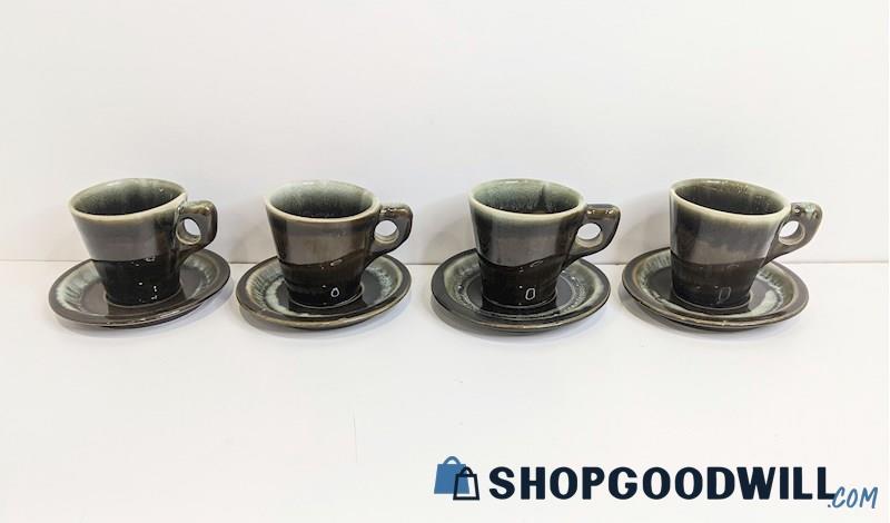 8pc Appears to Be Vintage Pfaltzgraff Green Copper Drip Mugs W/ Saucer Plates