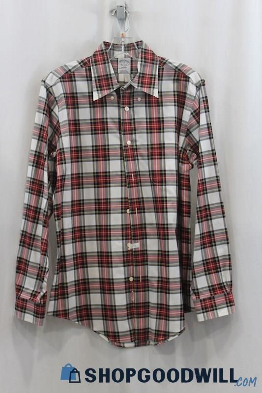 Brooks Brother Men's Red/Gray Plaid Button Up Shirt SZ M