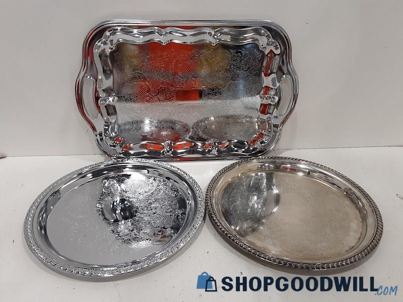 3 Unbranded Silver Toned Serving Trays - Rectangle/Round 