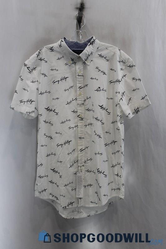 NWT Tommy Hilfiger Men's White/Black Logo Print Button Up Shirt SZ XL