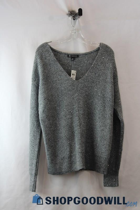 NWT INC Women's Gray Ribbed Sequin Long Sleeve V Neck Sweater SZ M