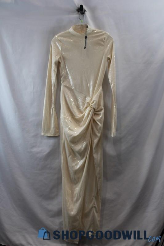 NWT Pretty Little Thing Women's Cream Long Sleeve Maxi Sequin Dress SZ 0