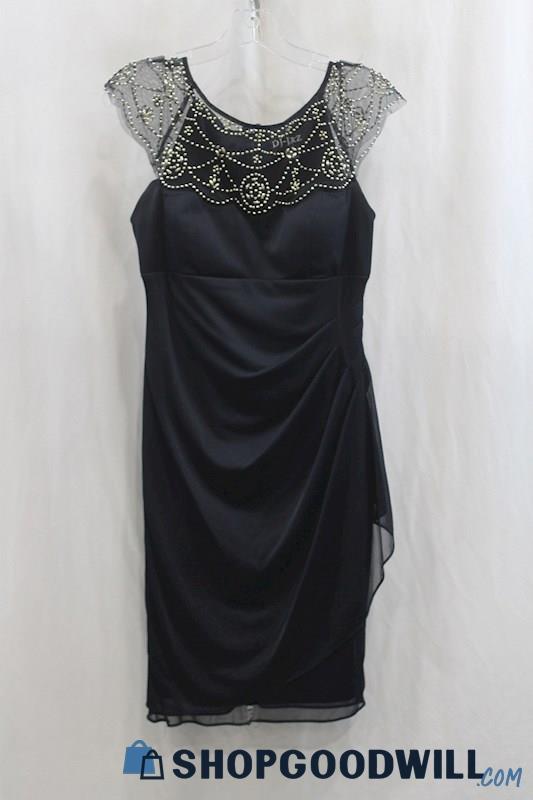 DJ-Jaz Womens Navy Mesh Embellished Drape Sheath Dress Sz 6