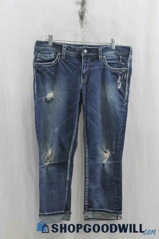 Silver Jeans Womens Blue Washed Distressed Capri Jeans Sz 32