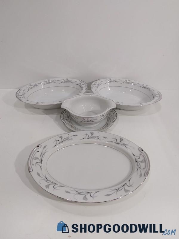 4PCS Harmony House Fine China Platinum Serving Ware Long Plate Sauce Bowls 