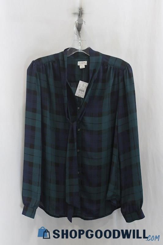 NWT J.Crew Womens Blue/Green Plaid Neck Tie Button Down Shirt Sz M