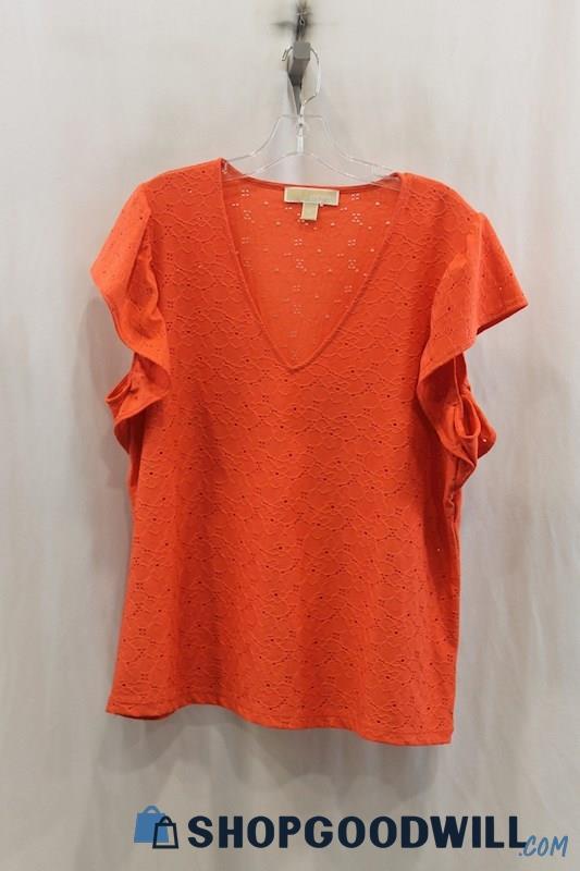 Michael Kors Womens Coral Eyelet Ruffle Shoulder Shirt Sz XL