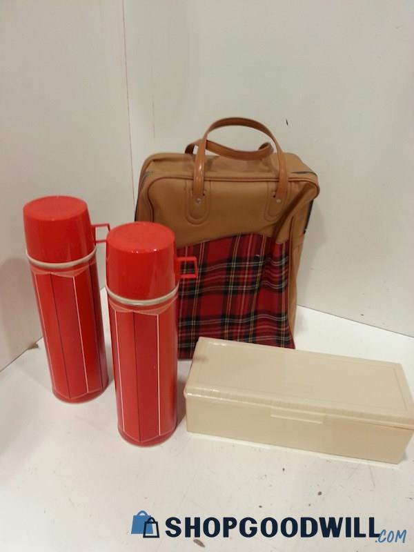 Two Thermos Drink Bottles + Lunch Box & Leather Plaid Carrying Case