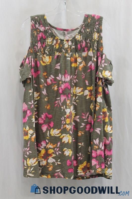 Lane Bryant Women's Dark Green/Pink Floral Print Cold Shoulder Blouse SZ 22/24