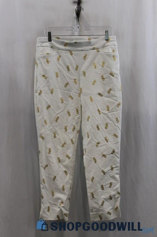 Chicos Womens White/Gold Pineapple Pattern Dress Pants Sz M