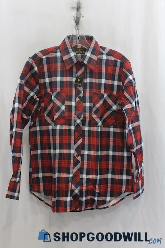 NWT MarkII Men's Red/Navy Plaid Button Up Shirt SZ M