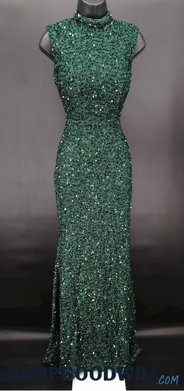 Miss Ord Women's Forest Green Sequin High Neck Beaded Open Back Gown SZ M