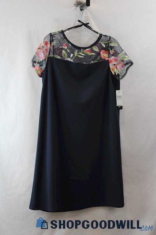 NWT AGB Women's Navy Floral Lace Neck Satin Dress SZ 10